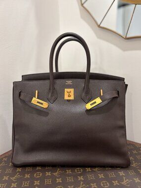 Authentic HERMÈS 35 BIRKIN COURCHEVEL EBENE CHOCOLATE LEATHER/GOLD HARDWARE